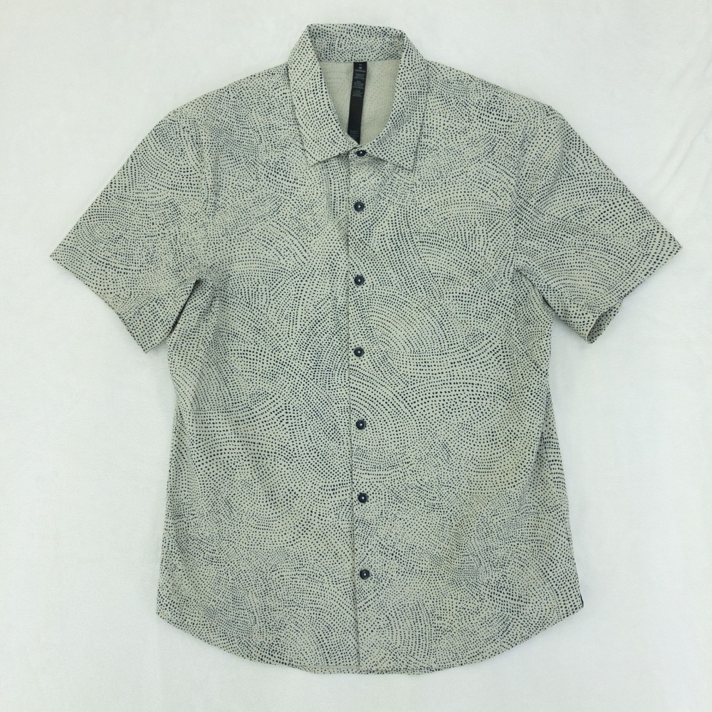 Lululemon Airing Easy Shirt Mens Medium Grey Dot Silvertone Swirl Short Sleeve